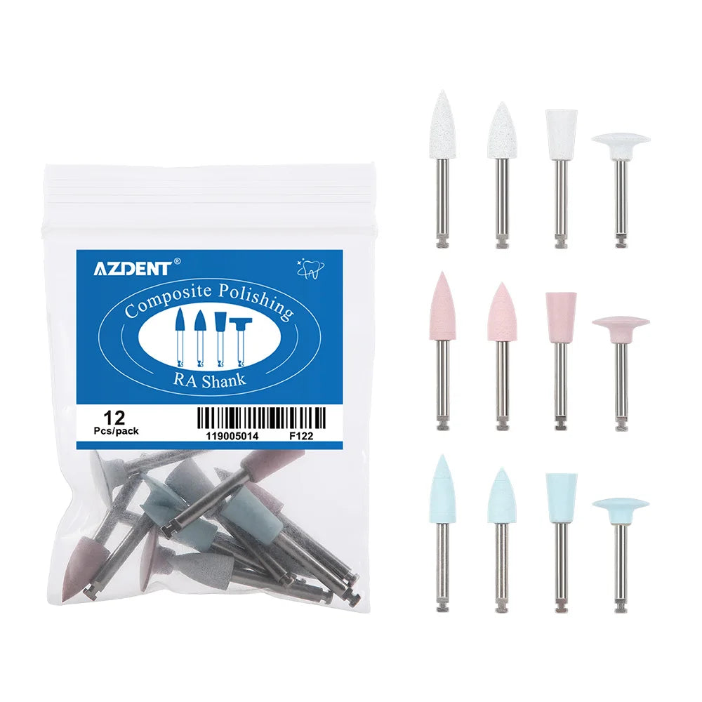 AZDENT 12Pcs/Set Dental Silicone Polishing Rubber Grinding Heads Teeth Polisher 2.35mm RA Finisher for Low Speed Handpiece