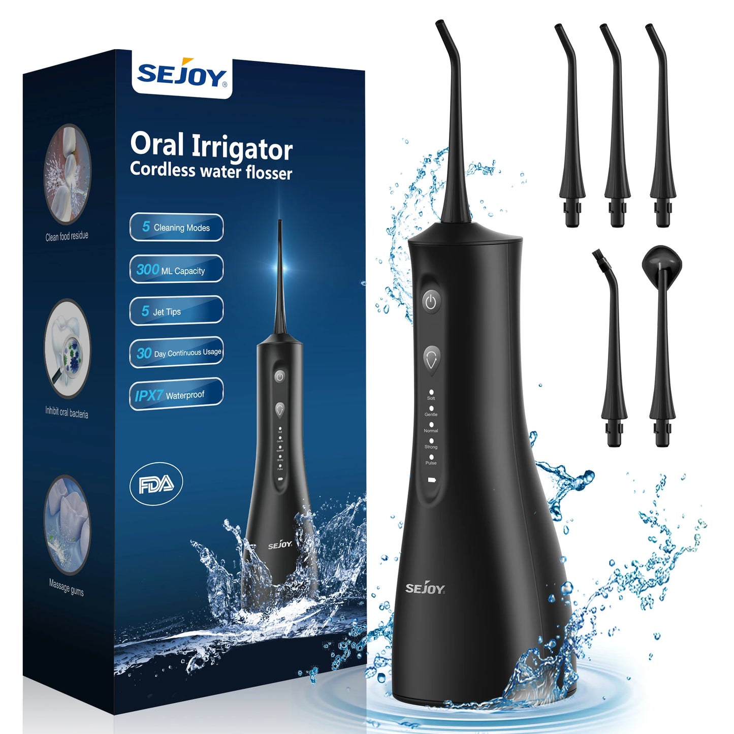 Sejoy Cordless Water Dental Flosser for Teeth Cleaning Denture Brushes 5 Tips IPX7 Portable Oral Irrigator for Home Travel