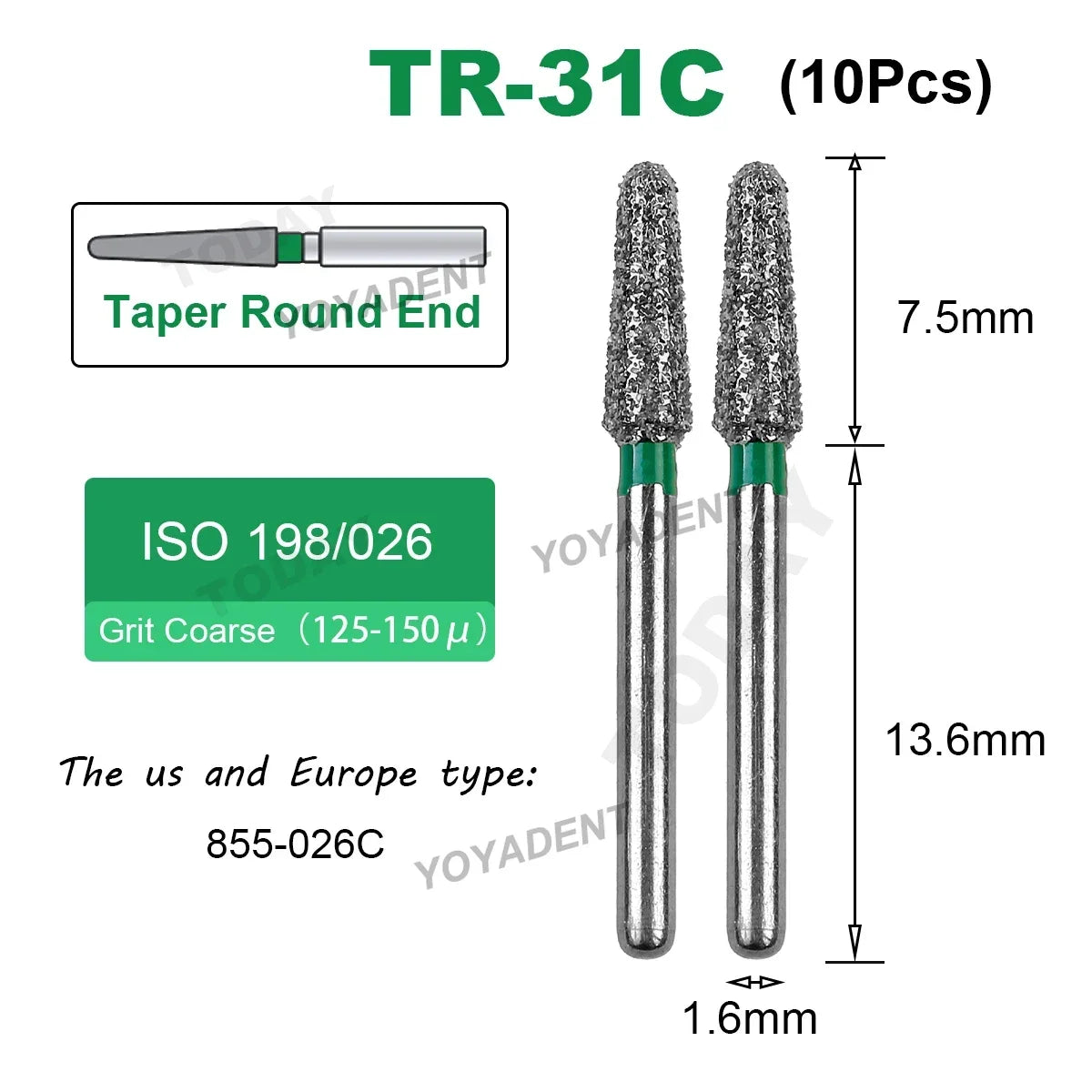 Dental Bur Diamond Burs Taper Round End TR Type Extra Fine Standard Dentistry Strawberries Drill FG High Speed Bur 1.6mm 10Pcs